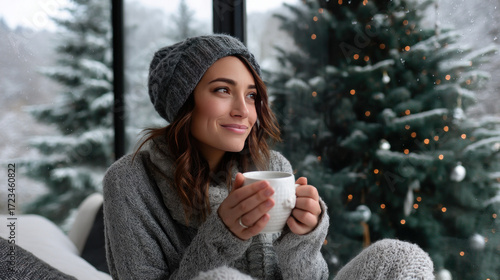 Decorating Christmas tree with stylish ribbon. Woman in cozy sweater hanging modern velvet decoration on tree branch close up. Atmospheric winter holiday tradition, family time. A festive New Year's