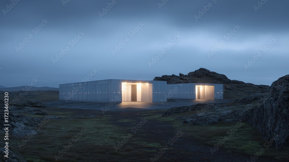 Fototapeta premium Modern Architectural Structure in Remote Landscape at Dusk