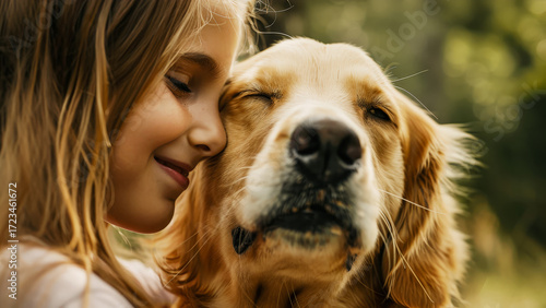 Little girl and puppy sharing a loving moment in a sunlit outdoor setting
