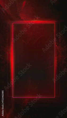 Glowing red neon rectangle in a dark, dusty room, emitting light and particles