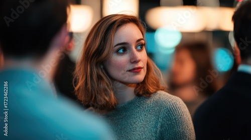 Wallpaper Mural Closeup portrait of a young beautiful redheaded woman smiling and engaged in a lively coffee house open mic night event with a crowd of people in the background and a microphone on stage Torontodigital.ca