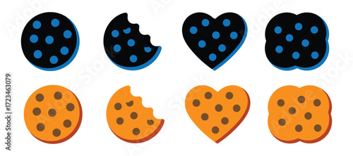 Collection of eight cookies in different shapes and colors, including round, heart, and square, with some cookies bitten, isolated on white background