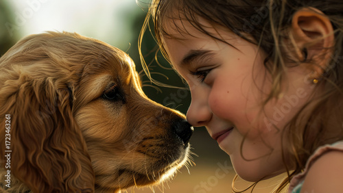 Little girl and puppy sharing a loving moment in a sunlit outdoor setting