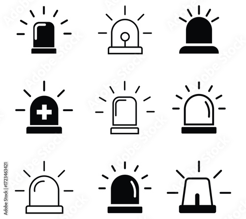 Set of emergency siren and alarm light icon. Siren vector flat icon, alert light bulb icons collection. Ambulance siren icon vector on white background. Vector illustration. 