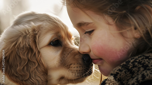 Little girl and puppy sharing a loving moment in a sunlit outdoor setting