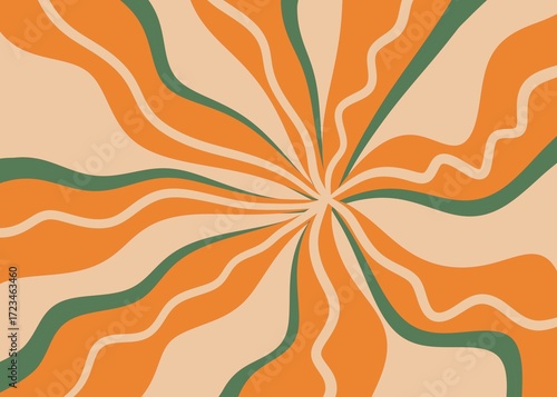 Hand drawn swirl groovy starbust illustration background. Mid century modern orange green vintage retro wallpaper backdrop, 60s 70s decorative geometric lines rays star sunburst, stylish explosion