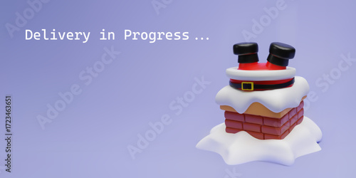3D Christmas banner featuring Santa Claus stuck in a snow-covered chimney. Festive and humorous holiday scene, perfect for Christmas sales, New Year promotions, greeting cards, and seasonal banners.