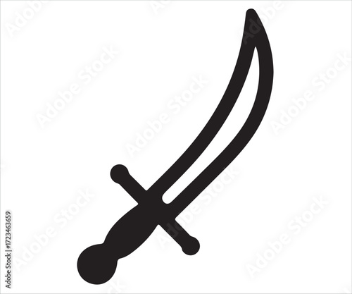 Black silhouette of curved sword illustration, concept for medieval weapon, historical blade, battle, combat, ancient warrior arms, traditional cutlass design, military symbol, fencing and martial art