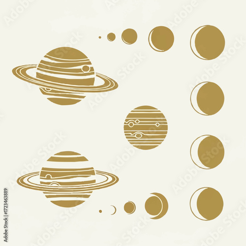 Illustration of planets, including Saturn, and moon phases in gold on a white background.