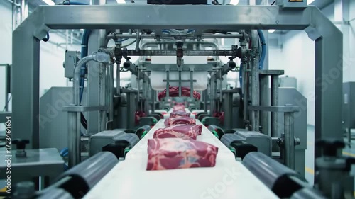 Factory conveyor belt moves beef cuts; automated processing; industrial food production