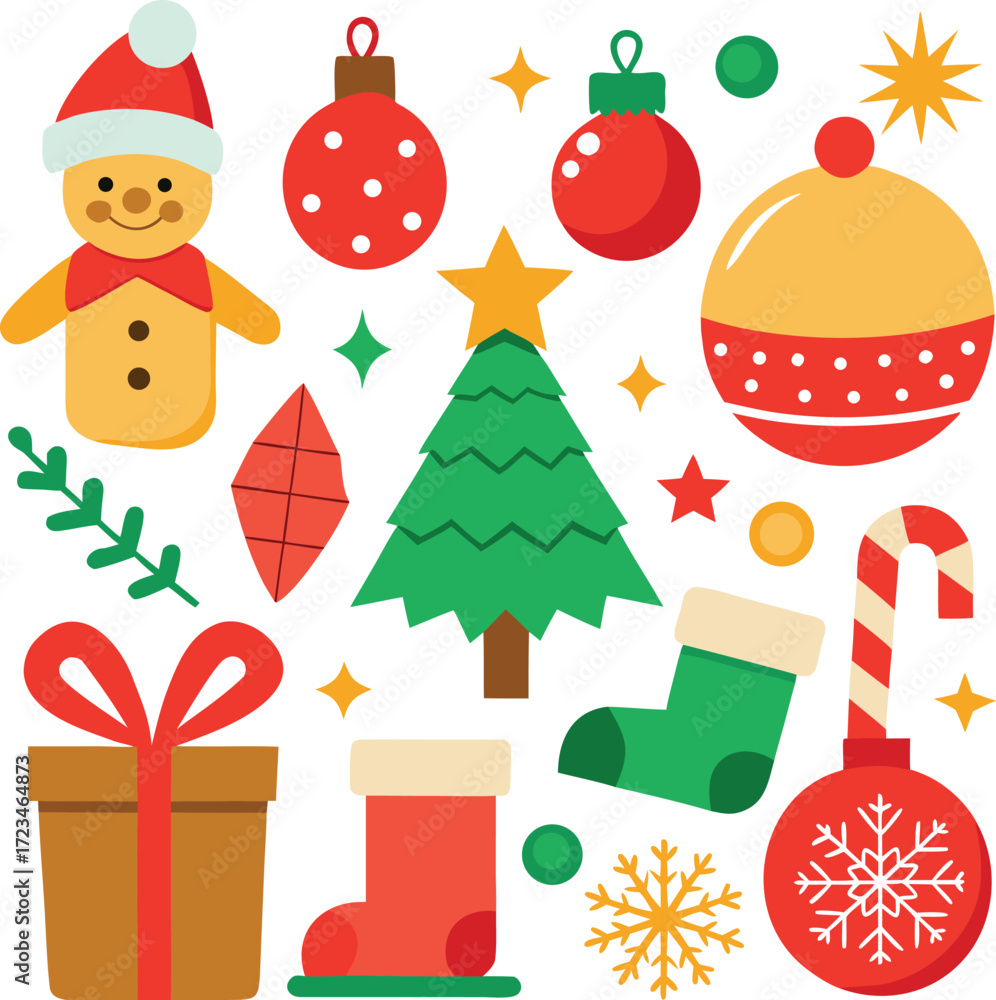 Fototapeta premium Vector art of a collection of festive christmas icons including a gingerbread man, christmas tree, ornaments, gift box, candy cane, and stocking, all isolated on a