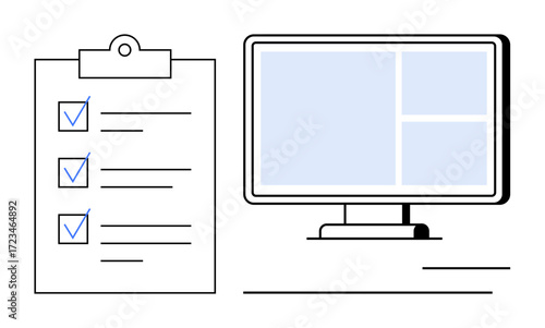 Checklist with marked items alongside a computer screen featuring organized panels. Ideal for productivity, organization, digital planning, task prioritization, work efficiency, goal setting, project