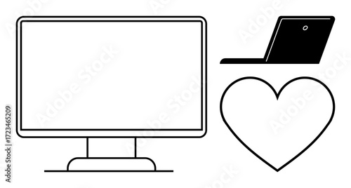 Simple black-and-white design featuring a monitor, laptop, and heart outline. Ideal for technology, connection, remote work, digital health, communication relationships education. A simple flat