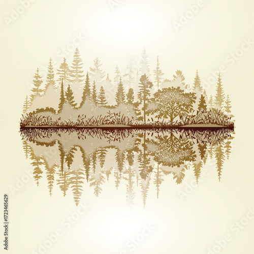 A wild wooded island in the fog, reflected in the lake, sepia tones, minimalistic landscape, vector illustration