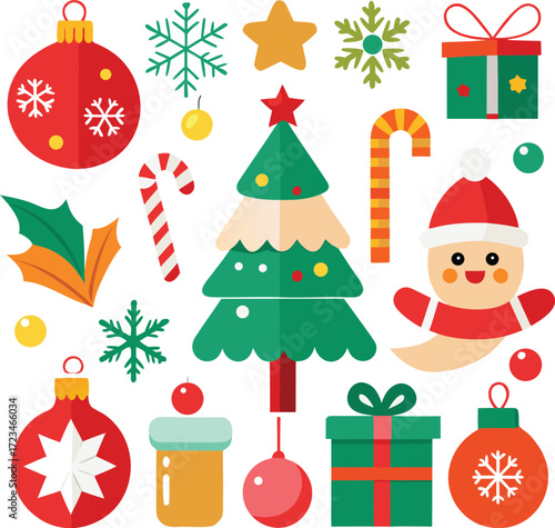Vector art of an engaging arrangement of christmas symbols, including a ghostlike figure, christmas trees, candy canes, gift boxes, ornaments, and holly leaves, all isolated on a