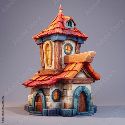 Stylized Fantasy House with Wooden Roof and Stone Walls, 3D game asset