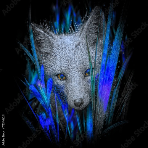 Mystical Silver Fox with Golden Eyes Hiding in Blue Neon Grass at Night
