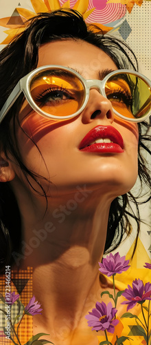 Woman with sunglasses and red lipstick, summer fashion.