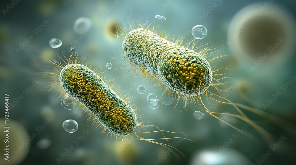Fototapeta premium Microscopic Bacteria: 3D Render of Rod-Shaped Bacteria with Flagella, Teal Background, Scientific Illustration.