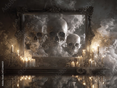 photorealistic interior scene depicting Haunted Gothic Mirror with Skulls and Candlelight Surrounded by Smoke