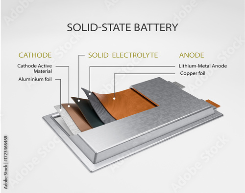 Layered breakdown of a solid-state battery showing cathode, solid electrolyte, and lithium-metal anode.