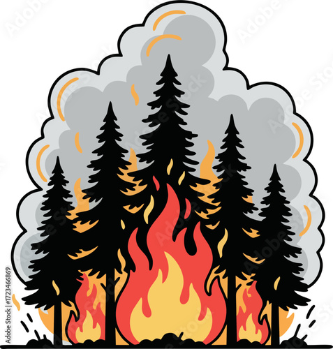 Vector Illustration of Forest Fire with Burning Pine Trees and Smoke – Environmental Disaster Concept