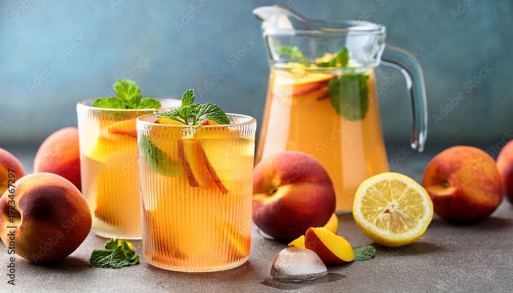Fototapeta premium refreshing peach and lemon infused beverage with slices of fruit and mint served in glasses and a pitcher surrounded by whole peaches and halved lemon