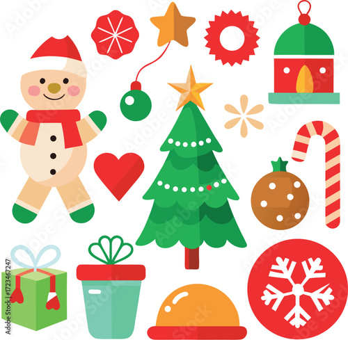 Vector art of a charming assortment of christmas elements featuring a snowman, decorated tree, ornaments, snowflakes, candy cane, heart, gifts, and a festive building, all isolated on a