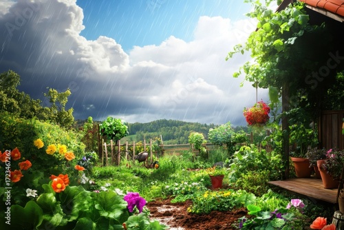 Vibrant garden scene under rainfall with lush greenery and colorful flowers in the countryside