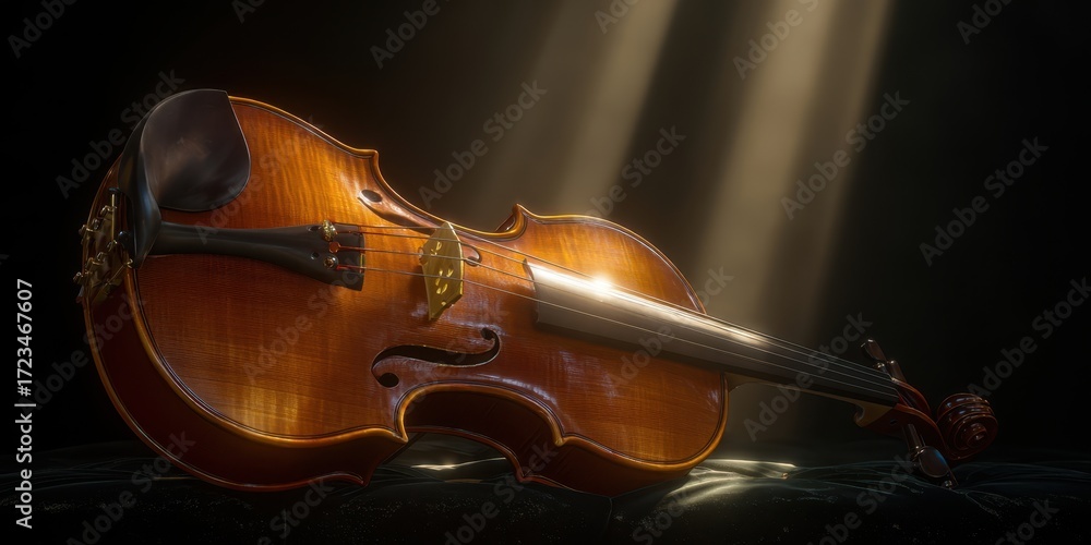Fototapeta premium The beautifully crafted violin illuminated by soft, dramatic lighting in a dark setting.
