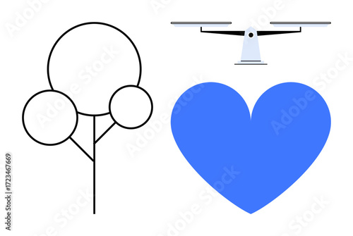 Abstract tree next to a quadcopter and blue heart. Ideal for innovation, green energy, environmental care, healthcare, delivery services, eco-friendly tech, simple landing page