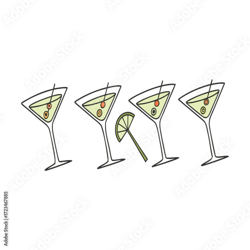 Martini Glasses with Olives and Lime Cocktail Party Illustration