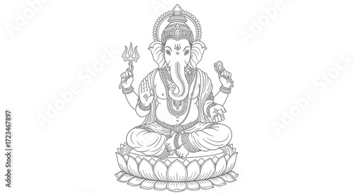 Ganesha Line Art Illustration on Lotus Flower Spiritual Motif