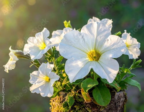 White petunias in sunlight