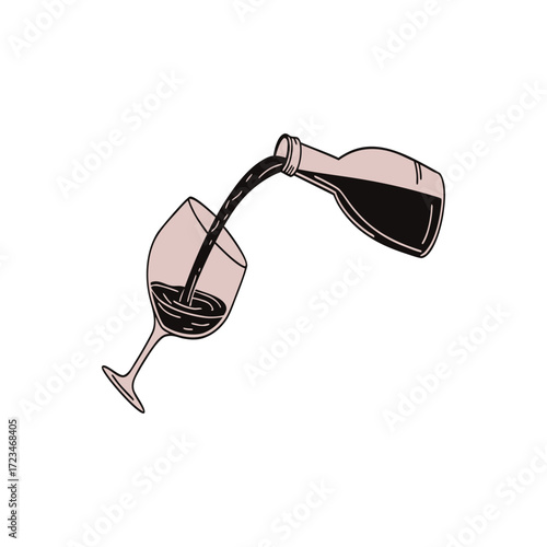 Wine pouring from bottle into glass drawing simple elegant illustration