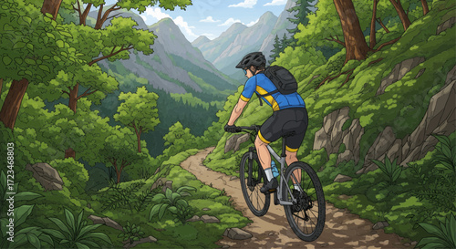 Mountain biker on a winding trail through a lush green forest.