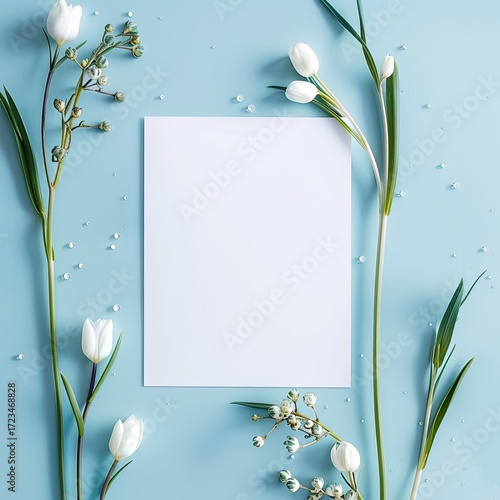 A flatlay featuring a blank white card surrounded by delicate white flowers and sprigs on a light blue background, scattered with small white accents