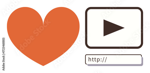 Heart symbol, play button, and URL bar conveying love for online videos, media sharing, and digital connectivity. Ideal for streaming, content creation, digital marketing, user engagement social