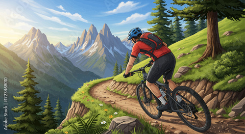 A mountain biker rides along a scenic trail in a lush, green alpine landscape with towering peaks in the background.