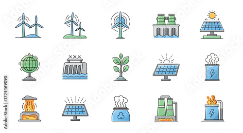 Set of Green Energy and Power Plant Icons