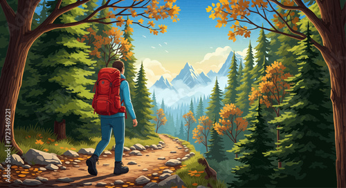 An illustration of a hiker with a red backpack walking on a scenic forest trail towards distant mountains in autumn.