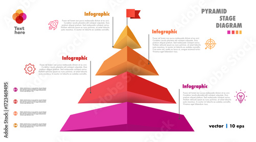 Pyramid infographic template 4 steps modern 3D color style for business strategy, presentation, start up project, theory basic operation, logic analysis vector 10 eps