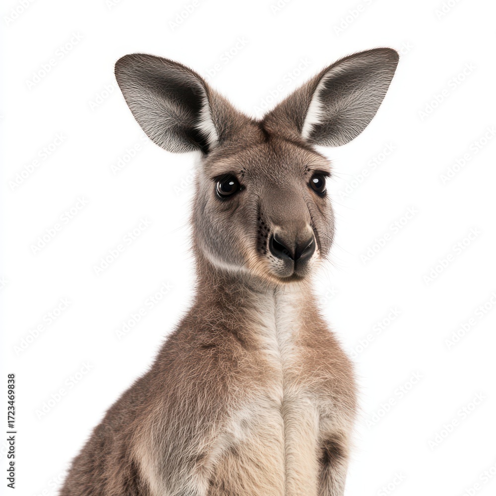 Fototapeta premium Close-Up Portrait of a Kangaroo Captured Against a White Background