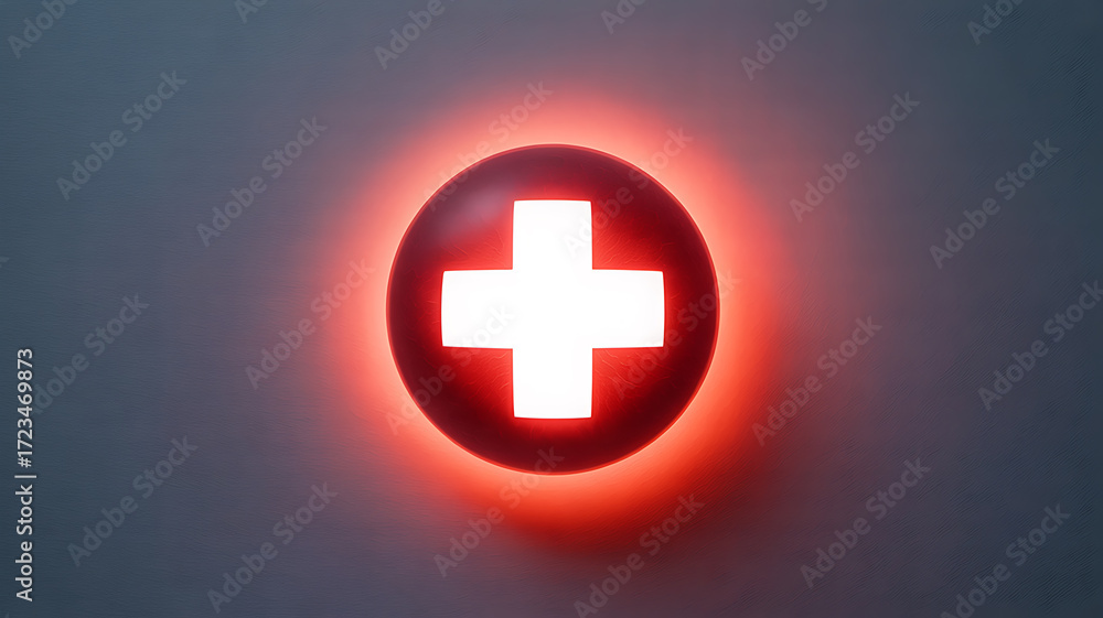 Obraz premium Illuminated red circular button with white cross symbol glowing against a dark background