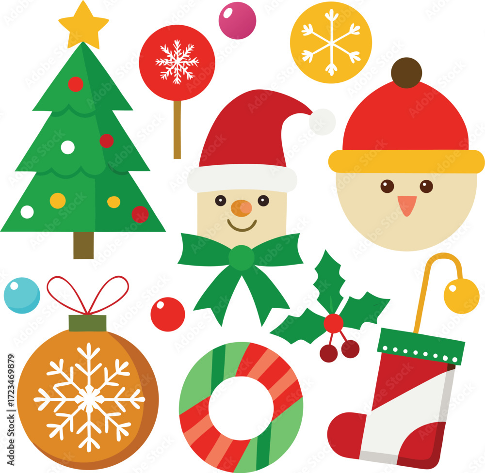 Fototapeta premium Vector art of a collection of festive christmas icons including a christmas tree, snowman, santa hat, baubles, candy cane, holly, and christmas stocking, all isolated on a