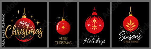 Set of Christmas cards with festive ornaments, red and gold colors, black background