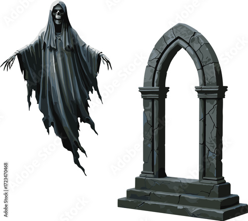 Ghost figure silhouette, gothic archway vector, haunted portal art, skeletal spirit illustration, black white graphic, supernatural theme, eerie ruins