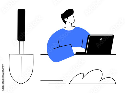 Individual sitting at a desk with a laptop, alongside a gardening trowel and cloud illustration. Ideal for remote work, work-life balance, outdoor activities, multitasking, sustainability, personal