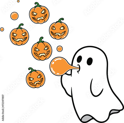 Ghost pumpkin bubbles cartoon, Halloween spirit vector, spooky jack-o'-lantern art, playful haunted theme, black white graphic, festive treat design