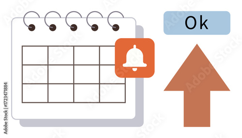 Spiral calendar with alert bell icon for reminders, upward arrow symbolizing progress, and Ok button. Ideal for planning, deadlines, organization, productivity, scheduling focus goals. Simple flat